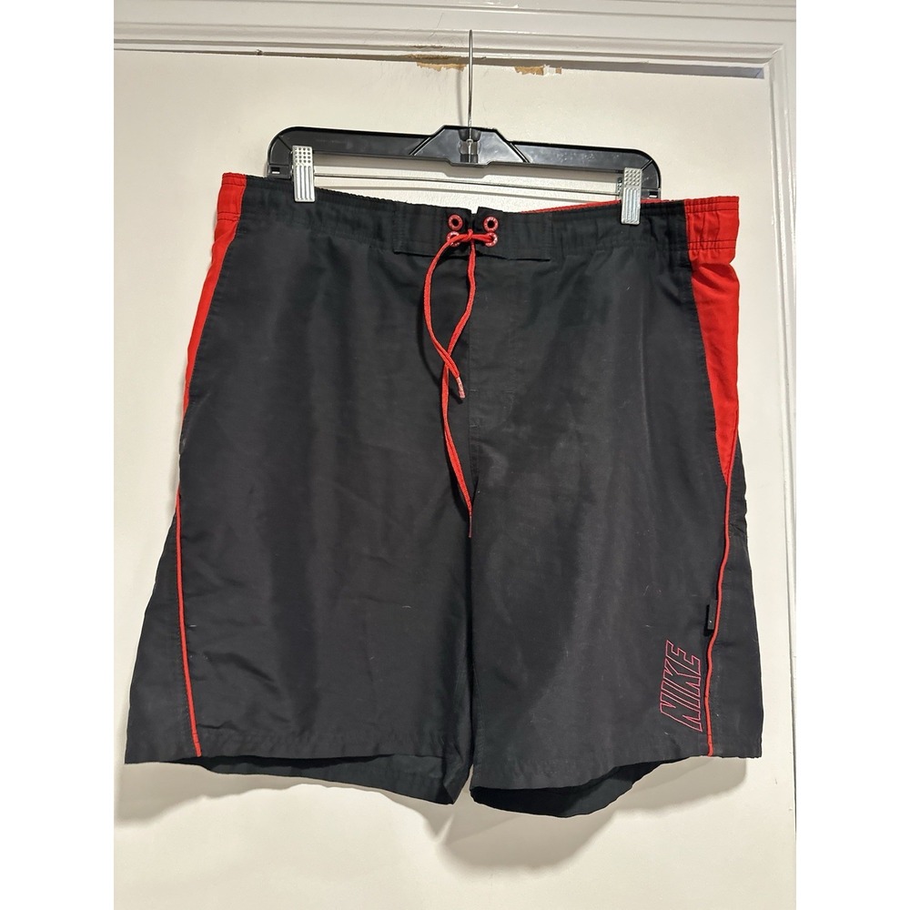 Vintage Nike Sz: M Red Black Embroidered Spellout Logo Swim Surfer Board Trunks